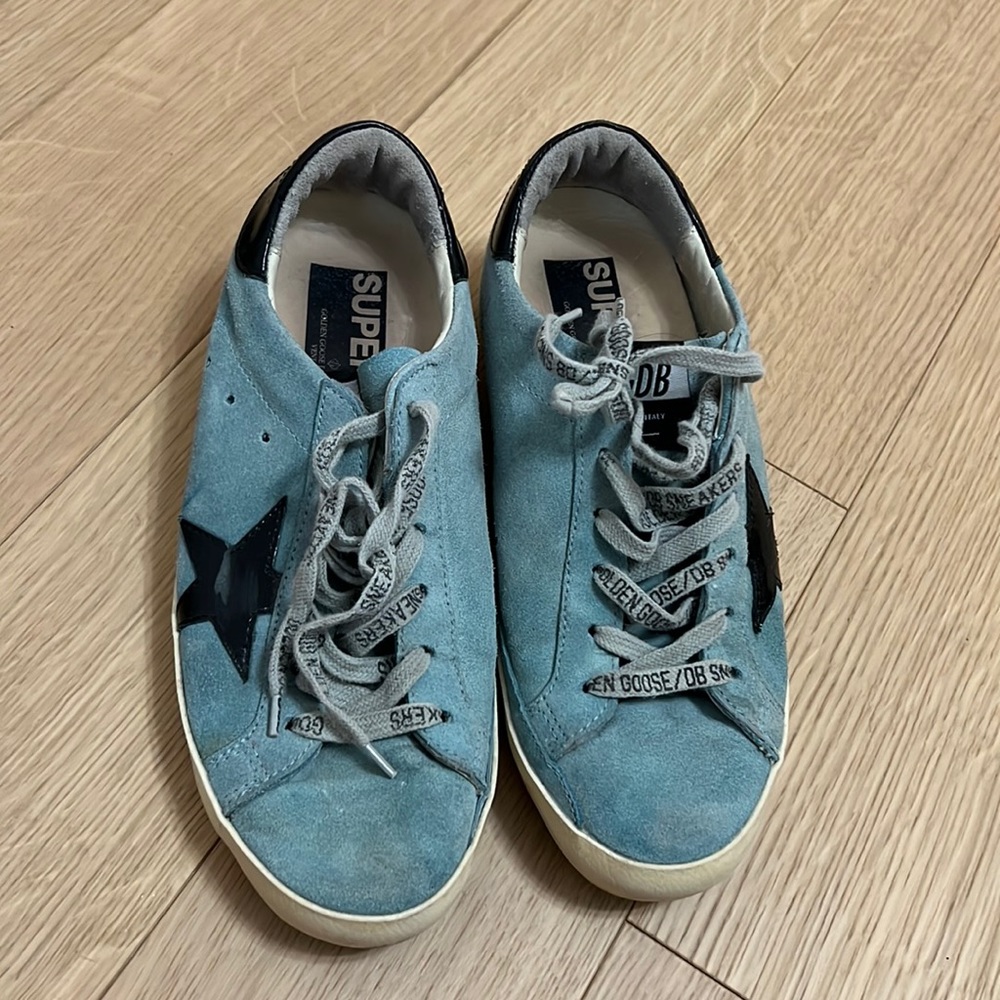 Golden goose superstar in light blue and black suade size 39